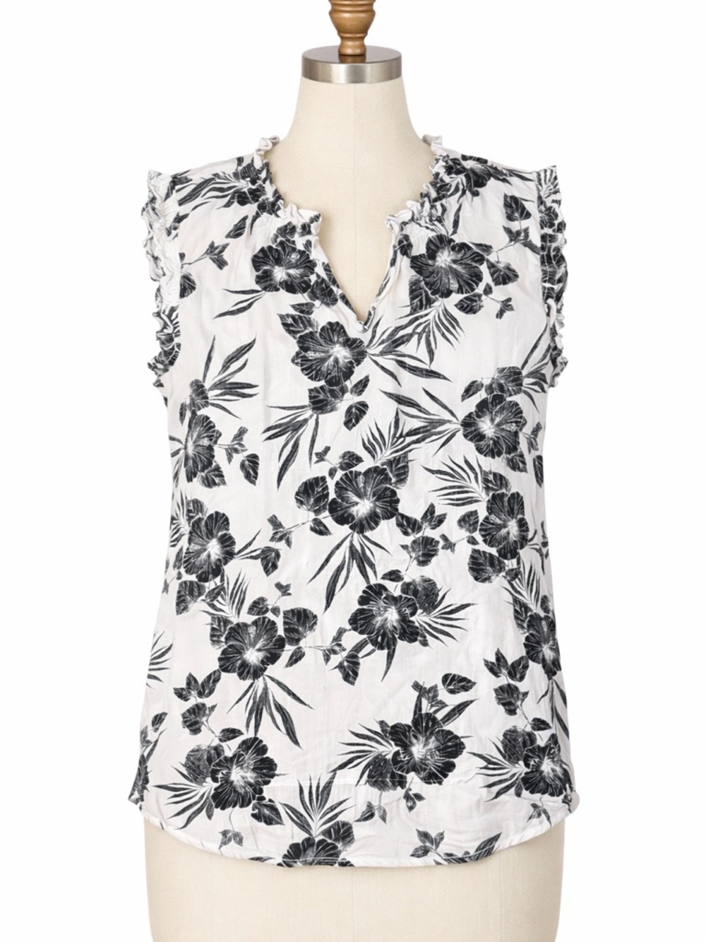 Sleeveless Black & White Floral V-Neck Top